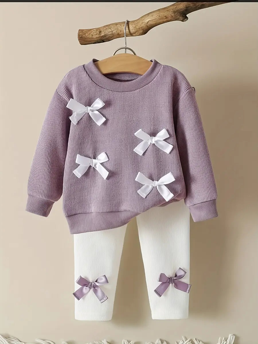Conjunto 2 Peças Bebê Menina Blusa Manga Longa com Laços Calça Canelada