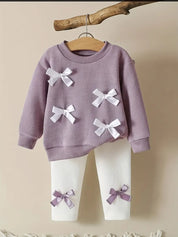 Conjunto 2 Peças Bebê Menina Blusa Manga Longa com Laços Calça Canelada