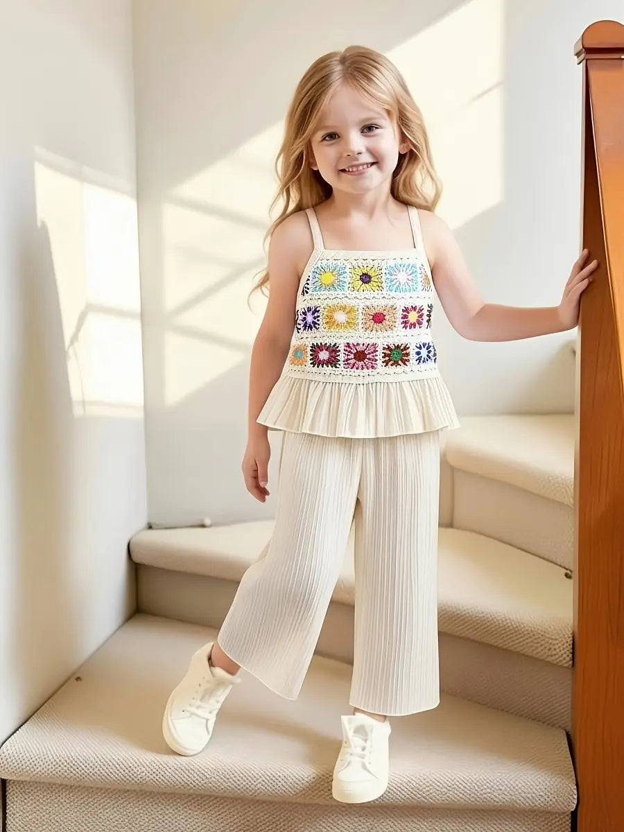 Conjunto Infantil Feminino 2 Peças Top Alça Crochê Colorido com Babado e Calça Pantalona Texturizada