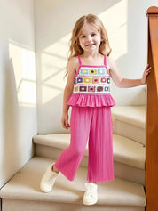Conjunto Infantil Feminino 2 Peças Top Alça Crochê Colorido com Babado e Calça Pantalona Texturizada