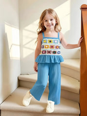 Conjunto Infantil Feminino 2 Peças Top Alça Crochê Colorido com Babado e Calça Pantalona Texturizada