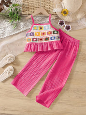 Conjunto Infantil Feminino 2 Peças Top Alça Crochê Colorido com Babado e Calça Pantalona Texturizada