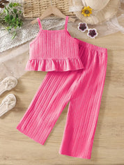 Conjunto Infantil Feminino 2 Peças Top Alça Crochê Colorido com Babado e Calça Pantalona Texturizada