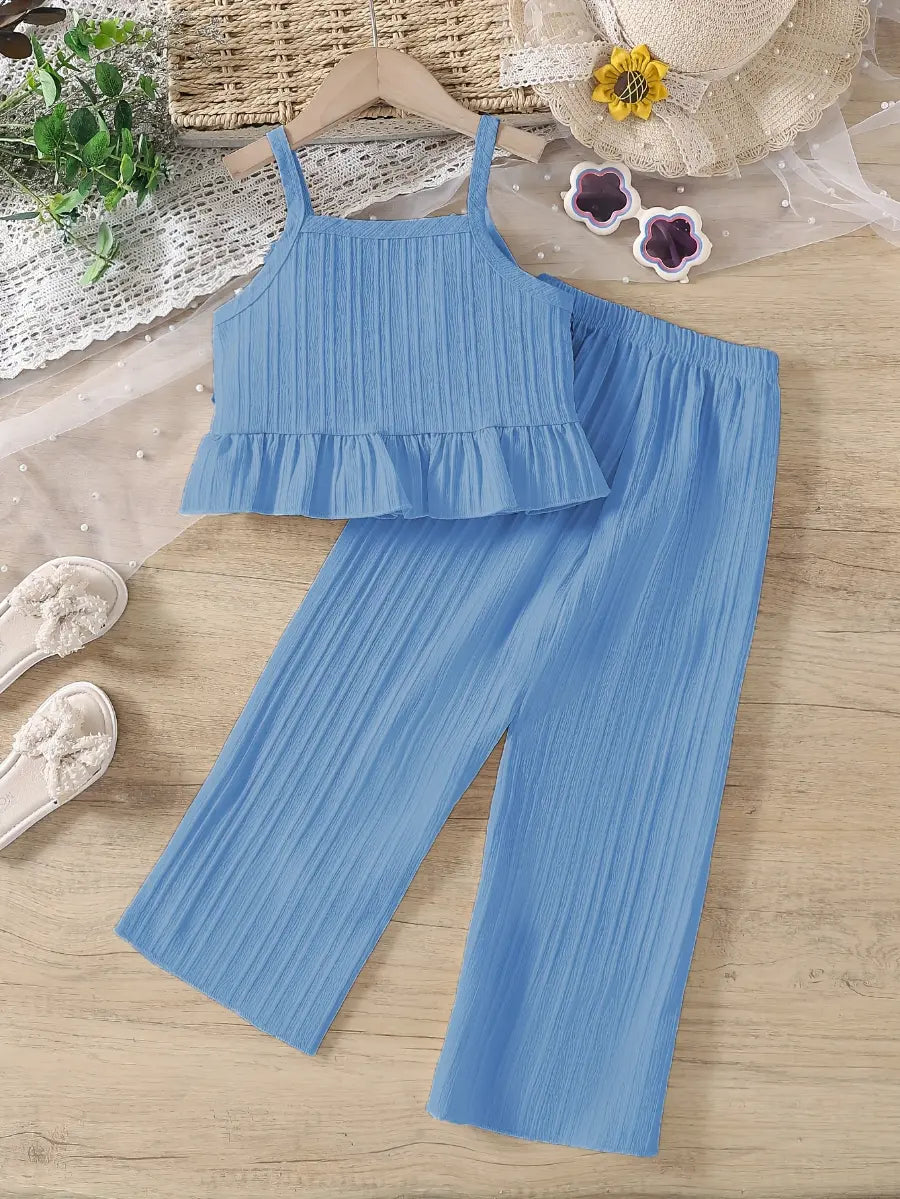 Conjunto Infantil Feminino 2 Peças Top Alça Crochê Colorido com Babado e Calça Pantalona Texturizada