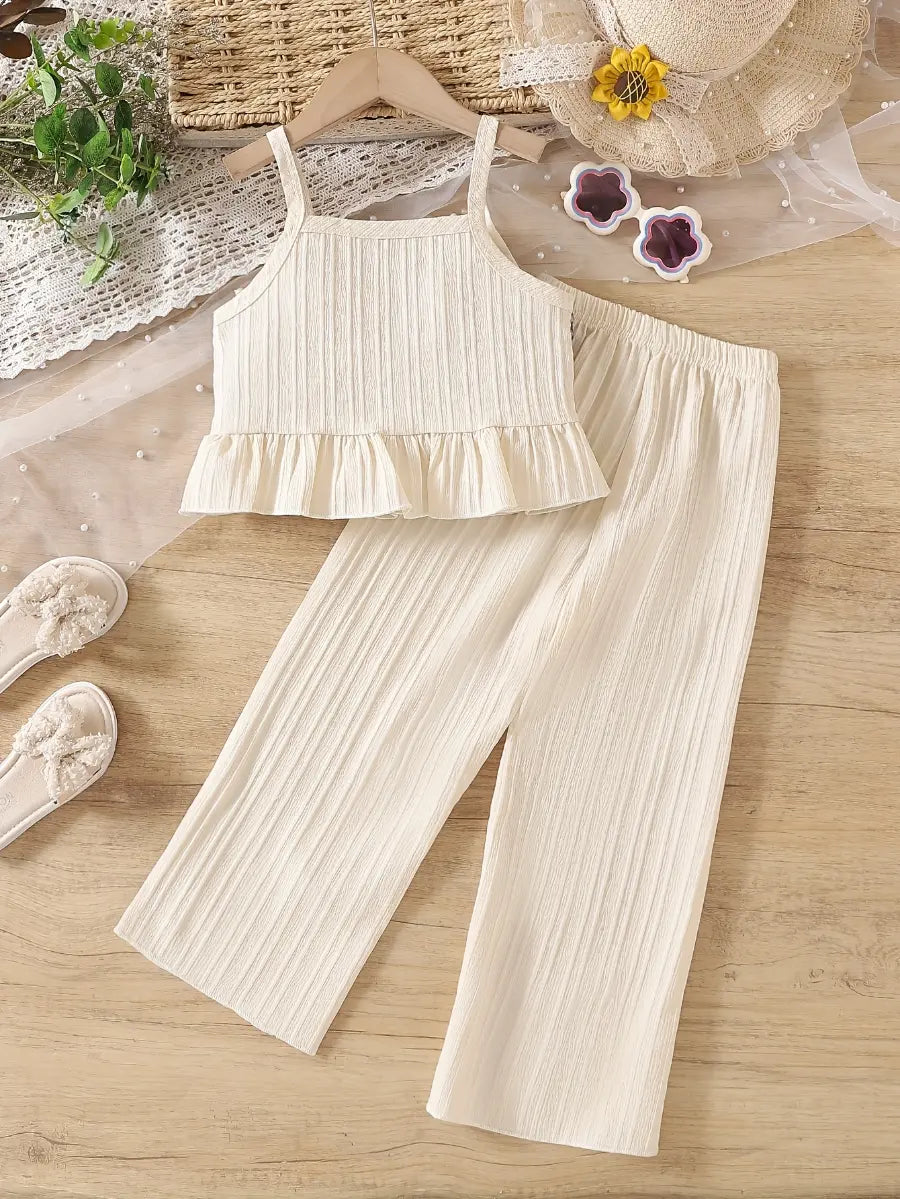 Conjunto Infantil Feminino 2 Peças Top Alça Crochê Colorido com Babado e Calça Pantalona Texturizada