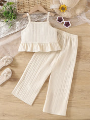 Conjunto Infantil Feminino 2 Peças Top Alça Crochê Colorido com Babado e Calça Pantalona Texturizada