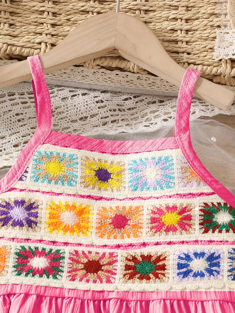 Conjunto Infantil Feminino 2 Peças Top Alça Crochê Colorido com Babado e Calça Pantalona Texturizada