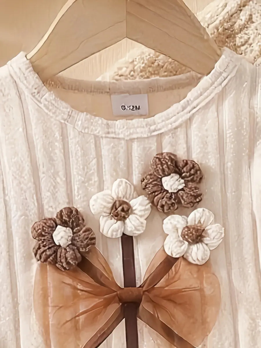 Conjunto 2 Peças Bebê Menina Blusa Manga Longa Flores 3D Malha Canelada e Calça Flare