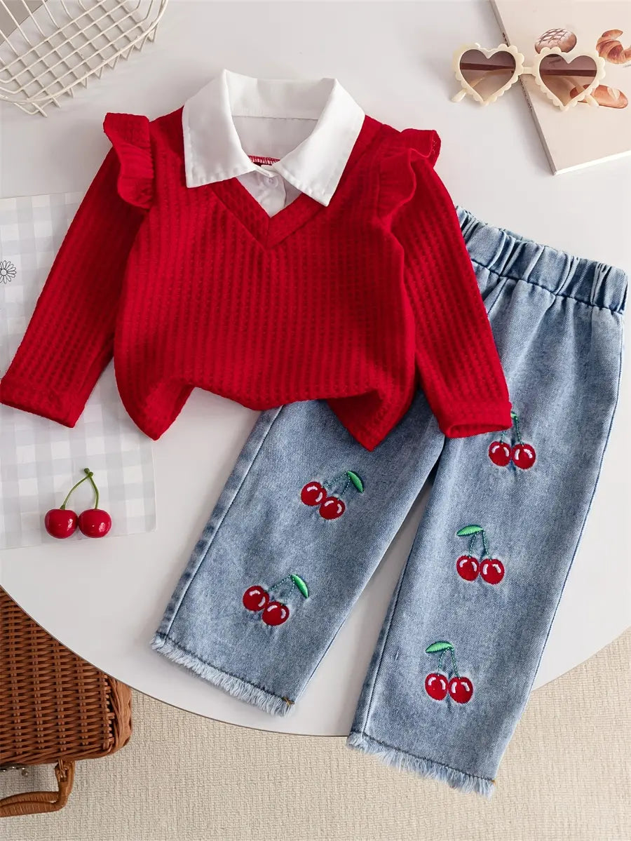 Conjunto Infantil Feminino 2 Peças Blusa Manga Longa Textura Waffle Vermelha com Gola e Calça Jeans Bordado Cereja