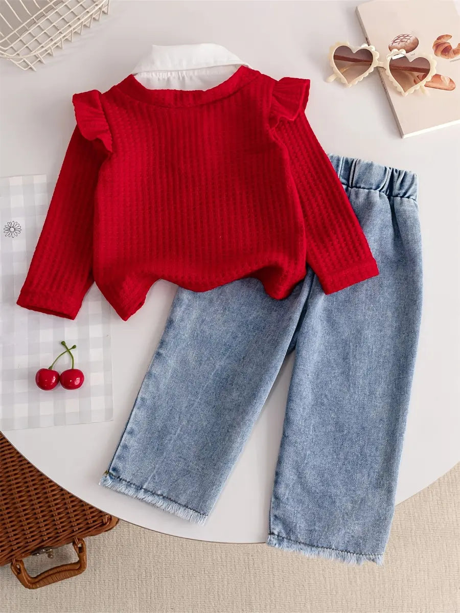 Conjunto Infantil Feminino 2 Peças Blusa Manga Longa Textura Waffle Vermelha com Gola e Calça Jeans Bordado Cereja