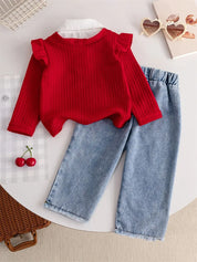 Conjunto Infantil Feminino 2 Peças Blusa Manga Longa Textura Waffle Vermelha com Gola e Calça Jeans Bordado Cereja