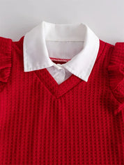 Conjunto Infantil Feminino 2 Peças Blusa Manga Longa Textura Waffle Vermelha com Gola e Calça Jeans Bordado Cereja