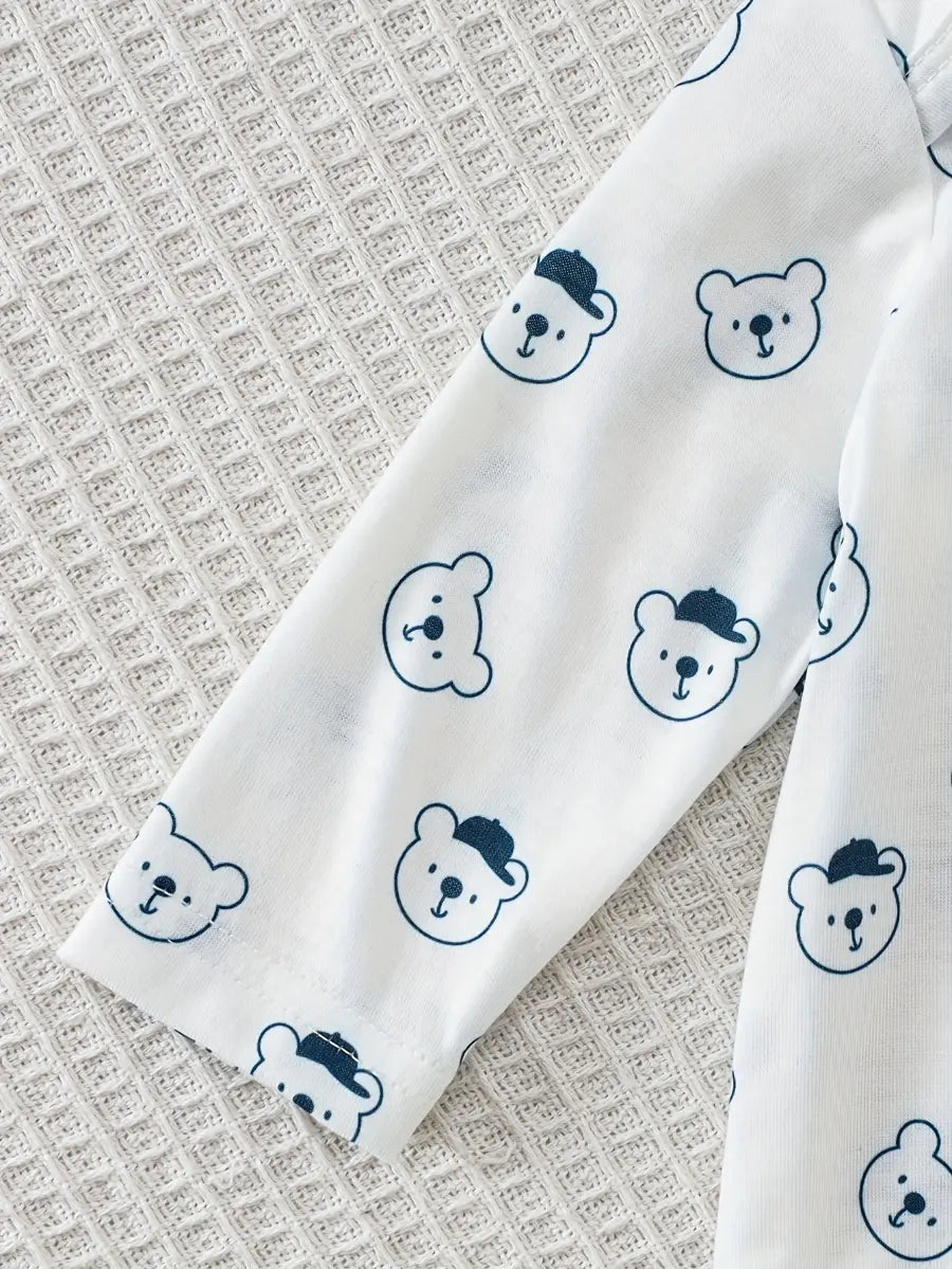 Conjunto 2 Peças Bebê Jardineira Veludo Cotelê Azul com Aplique de Ursinho e Camiseta Manga Longa Estampada