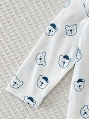 Conjunto 2 Peças Bebê Jardineira Veludo Cotelê Azul com Aplique de Ursinho e Camiseta Manga Longa Estampada