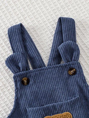 Conjunto 2 Peças Bebê Jardineira Veludo Cotelê Azul com Aplique de Ursinho e Camiseta Manga Longa Estampada