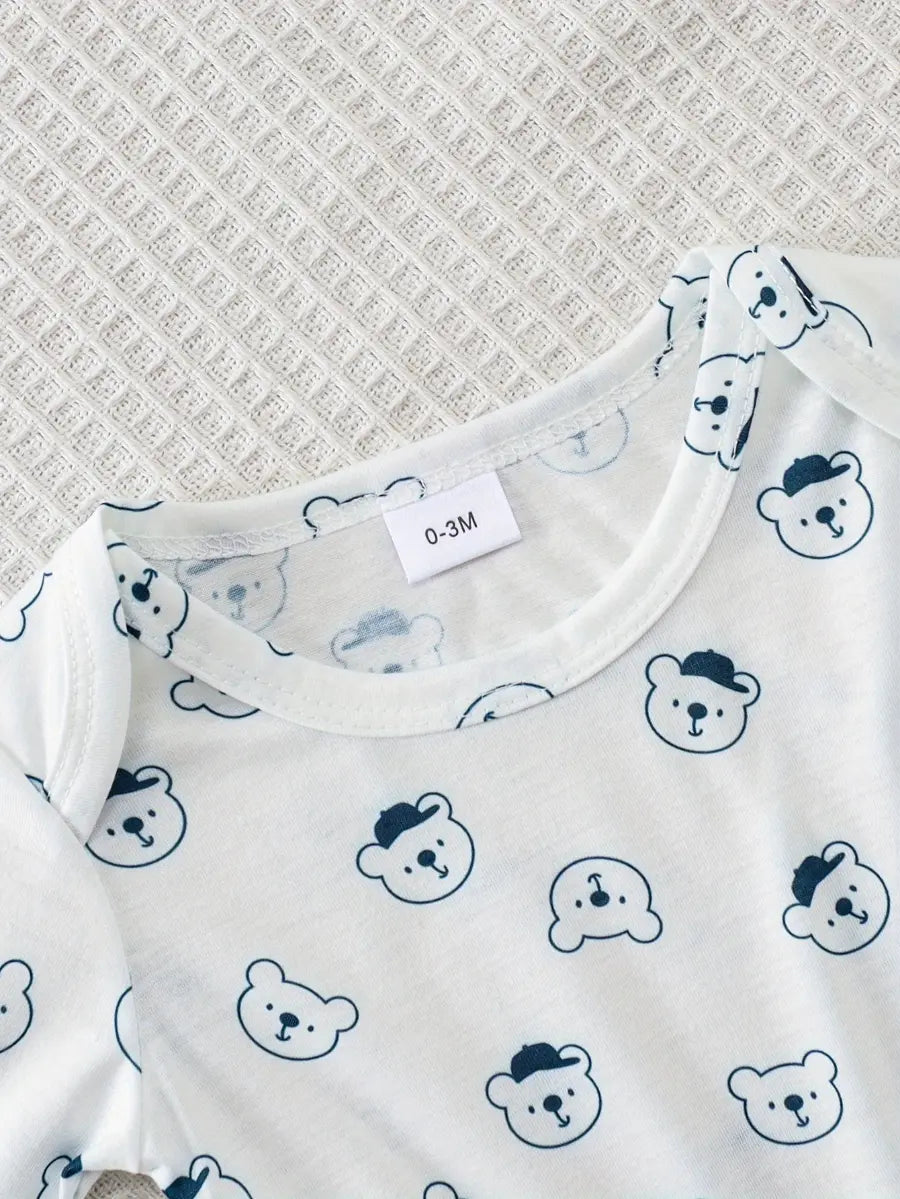 Conjunto 2 Peças Bebê Jardineira Veludo Cotelê Azul com Aplique de Ursinho e Camiseta Manga Longa Estampada