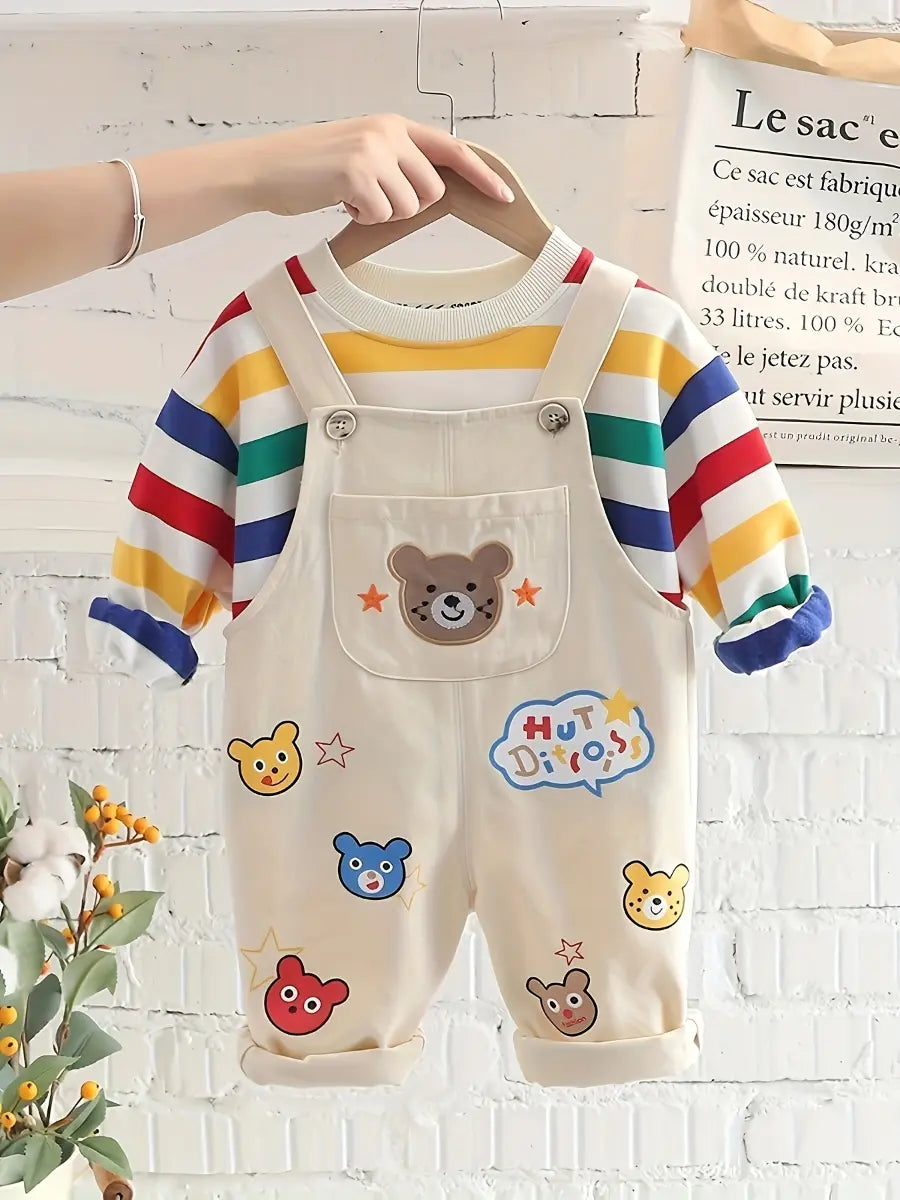 Conjunto Infantil Masculino 2 Peças Camiseta Listrada Colorida e Jardineira Estampa Urso