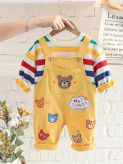 Conjunto Infantil Masculino 2 Peças Camiseta Listrada Colorida e Jardineira Estampa Urso