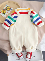 Conjunto Infantil Masculino 2 Peças Camiseta Listrada Colorida e Jardineira Estampa Urso