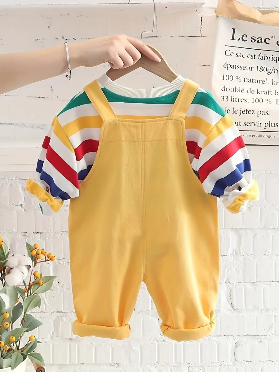Conjunto Infantil Masculino 2 Peças Camiseta Listrada Colorida e Jardineira Estampa Urso
