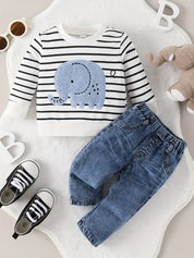 Conjunto Infantil Bebê Menino Moletom Listrado Aplique Elefante e Calça Jeans
