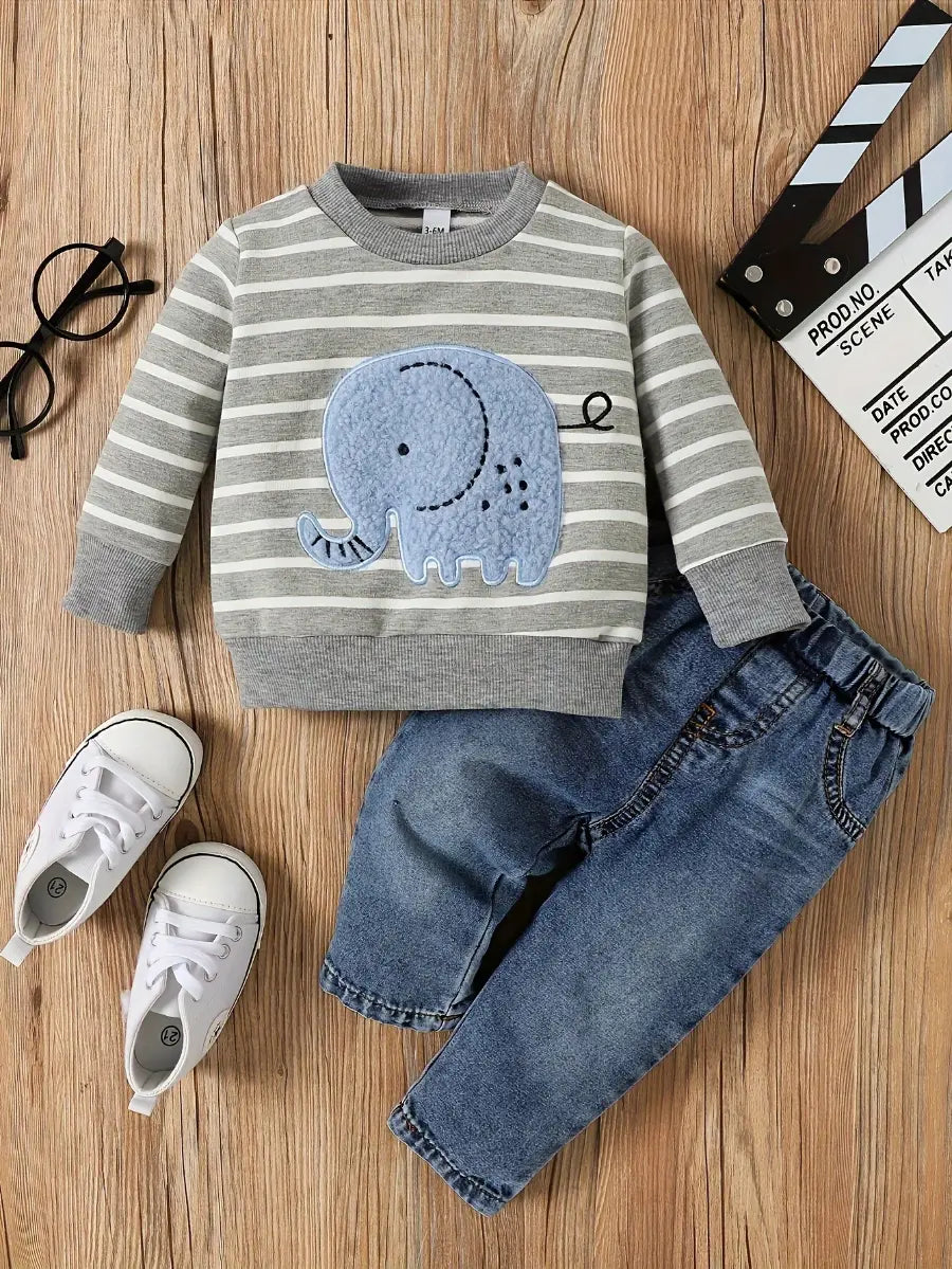 Conjunto Infantil Bebê Menino Moletom Listrado Aplique Elefante e Calça Jeans