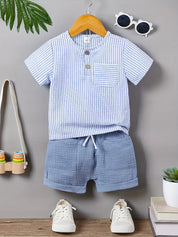 Conjunto 2 Peças Bebê Menino Camisa Listrada Manga Curta e Shorts com Elástico