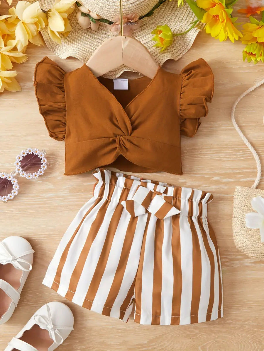 Conjunto 2 Peças Bebê Menina Blusa Franzida Manga Curta e Short Listrado