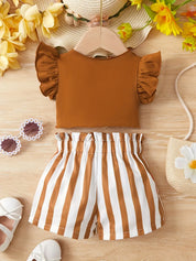 Conjunto 2 Peças Bebê Menina Blusa Franzida Manga Curta e Short Listrado