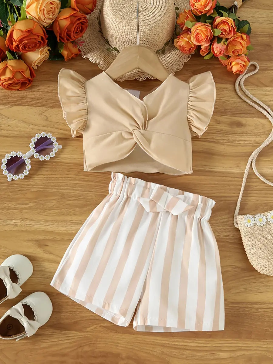 Conjunto 2 Peças Bebê Menina Blusa Franzida Manga Curta e Short Listrado