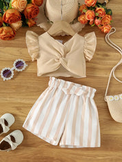 Conjunto 2 Peças Bebê Menina Blusa Franzida Manga Curta e Short Listrado
