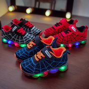 Tênis Infantil Luminoso Led Estampa Aranha Velcro Menino Cadarço