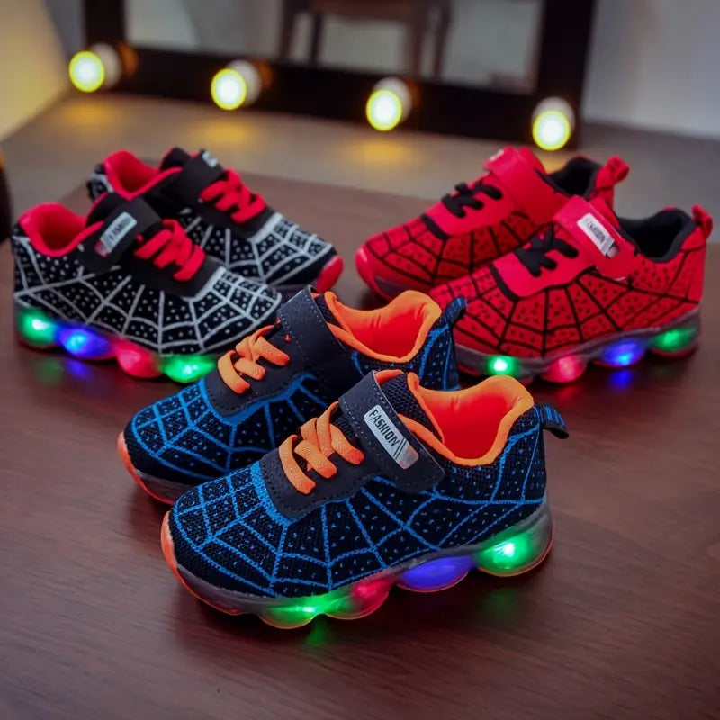 Tênis Infantil Luminoso Led Estampa Aranha Velcro Menino Cadarço