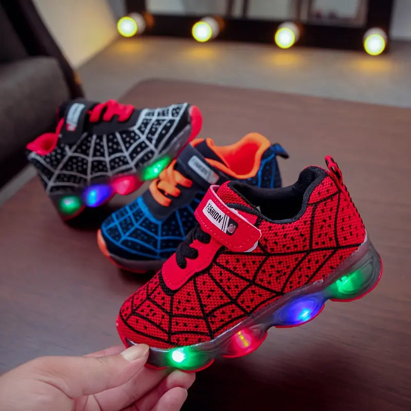 Tênis Infantil Luminoso Led Estampa Aranha Velcro Menino Cadarço
