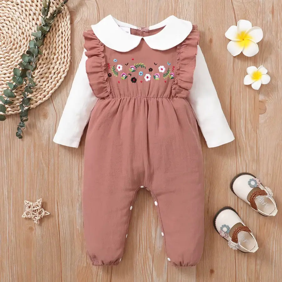 Macacão Bebê Menina Manga Longa Gola Peter Pan Bordado Floral