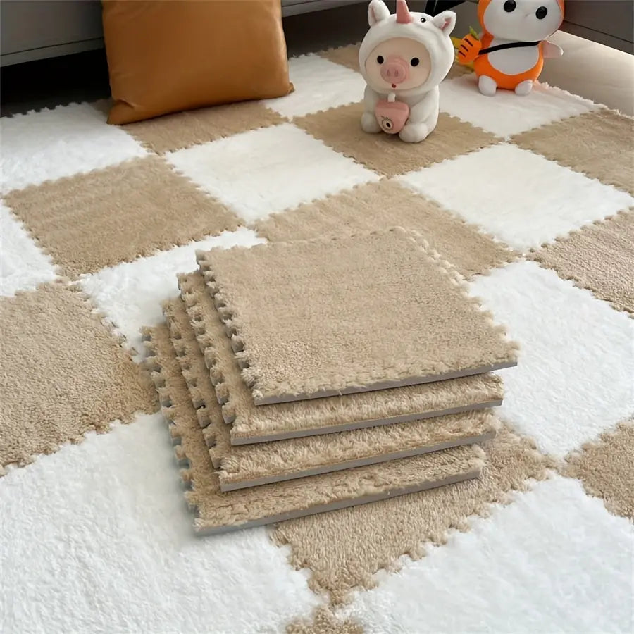 Tapete Modular Encaixe Puzzle Kit 20 Peças Pelúcia Macia Antiderrapante Lavável