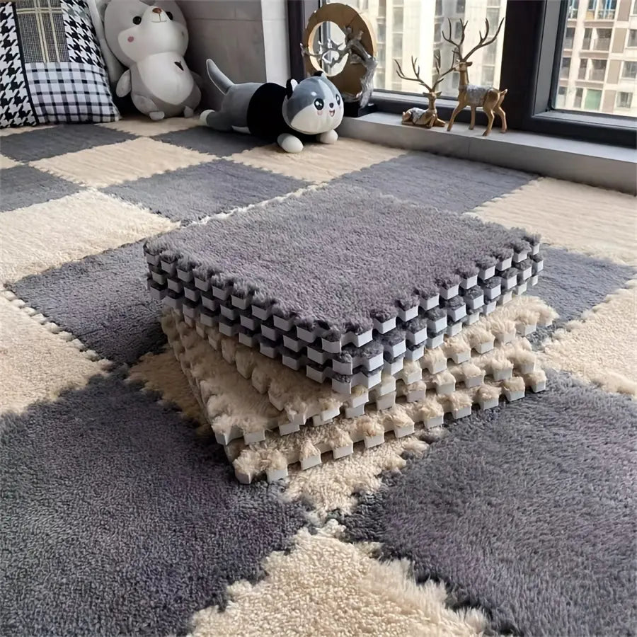 Tapete Modular Encaixe Puzzle Kit 20 Peças Pelúcia Macia Antiderrapante Lavável