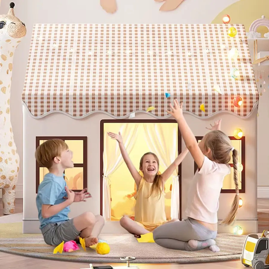 Casinha Barraca Infantil Tenda de Brincar Xadrez com Cortina