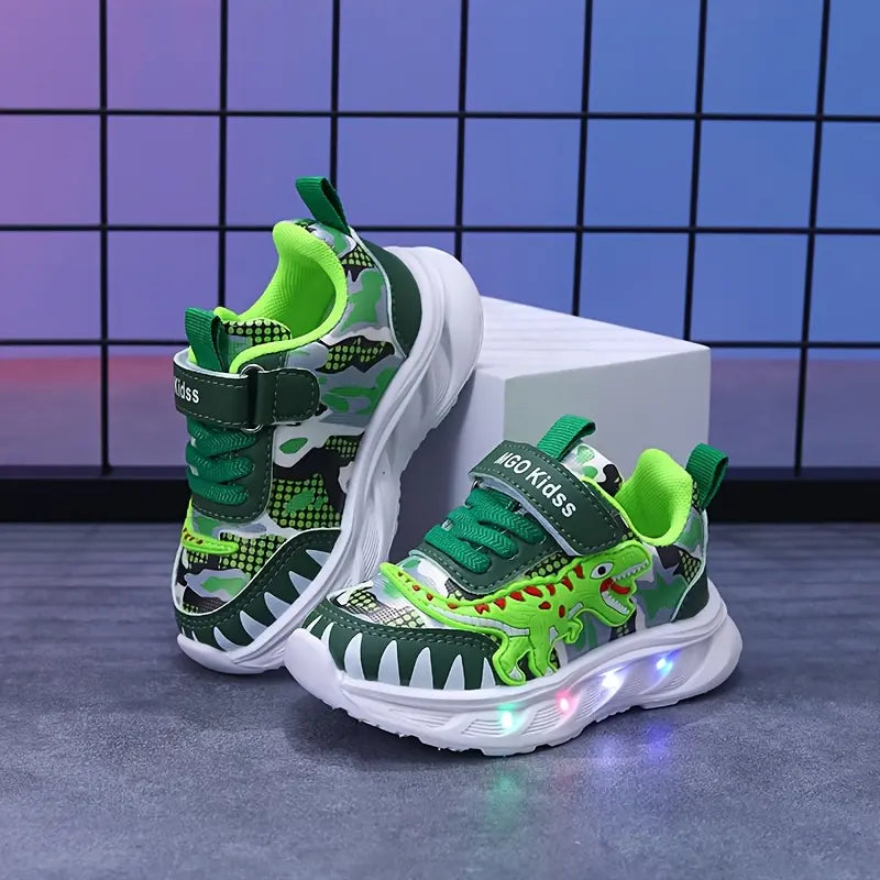 Tênis Infantil Masculino com Luz LED Estampa Dinossauro Velcro