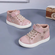 Tênis Cano Alto Infantil Feminino Sneaker Velcro Cadarço Glitter Coração