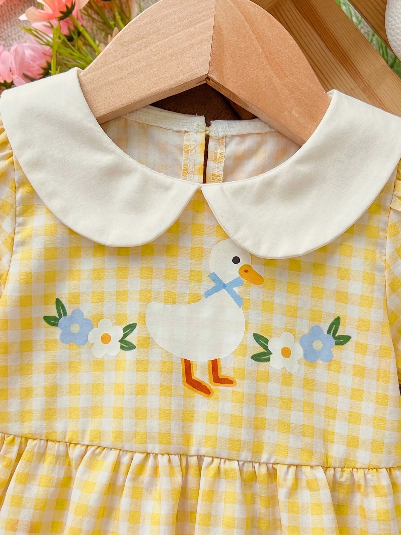 Vestido Infantil Bebê Menina Xadrez Vichy Gola Peter Pan Manga Bufante Estampa Pato