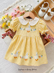 Vestido Infantil Bebê Menina Xadrez Vichy Gola Peter Pan Manga Bufante Estampa Pato