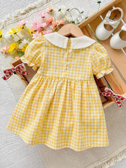 Vestido Infantil Bebê Menina Xadrez Vichy Gola Peter Pan Manga Bufante Estampa Pato