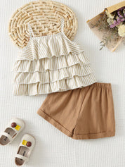 Conjunto Bebê Menina Top Listrado com Babados e Shorts de Linho