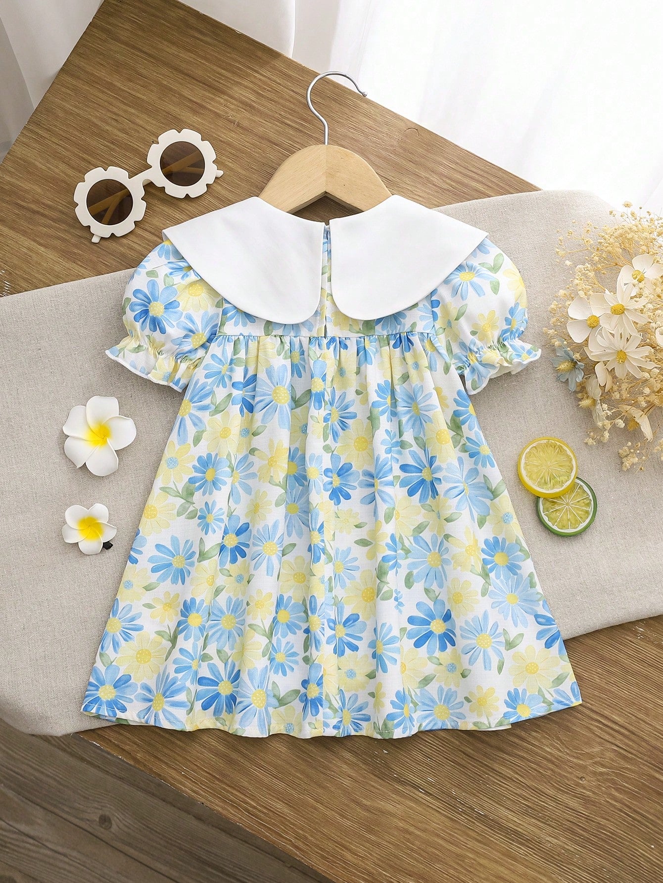 Vestido Bebê Menina Manga Curta Bufante Gola Marinheiro Laço Estampa Floral
