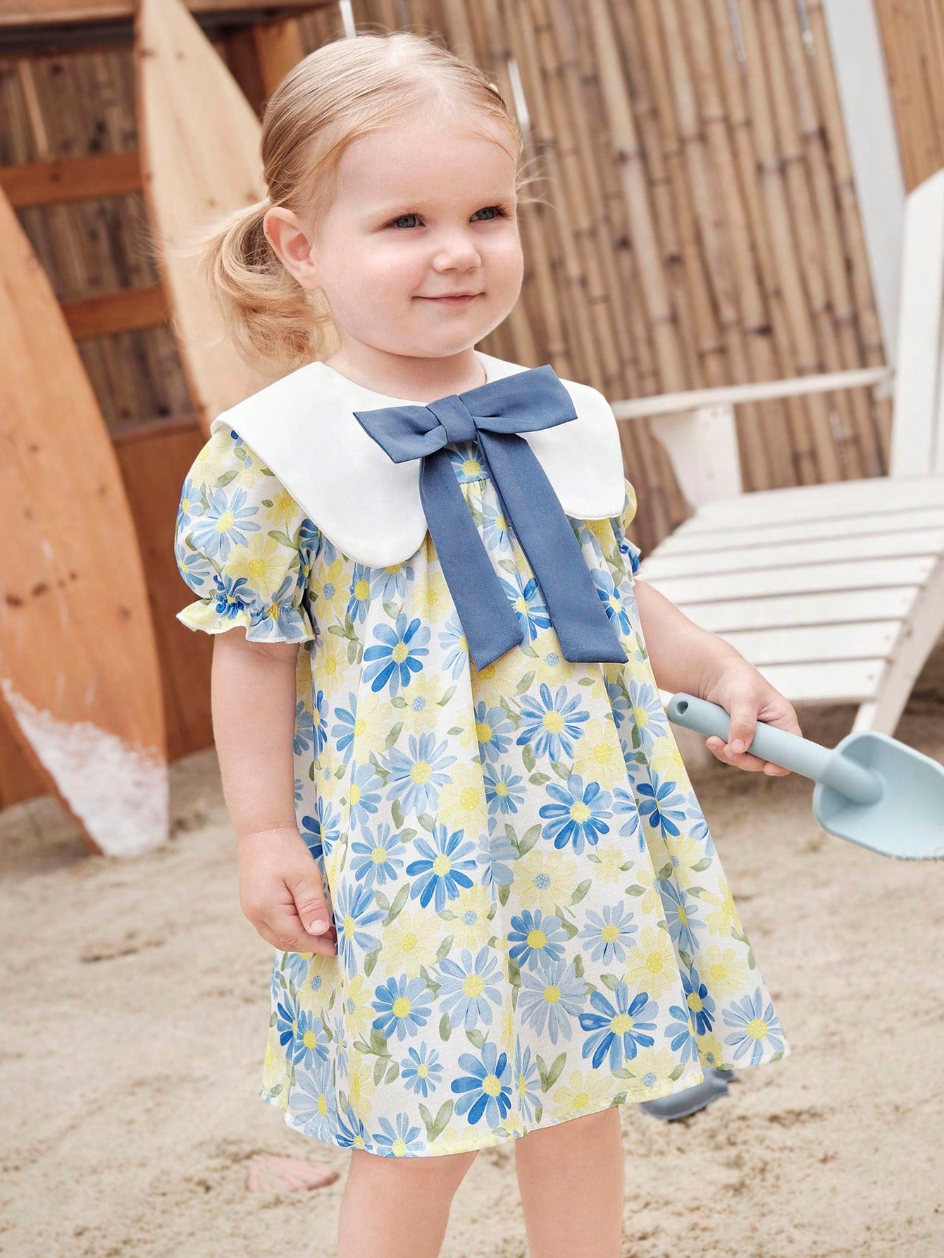 Vestido Bebê Menina Manga Curta Bufante Gola Marinheiro Laço Estampa Floral