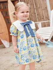 Vestido Bebê Menina Manga Curta Bufante Gola Marinheiro Laço Estampa Floral