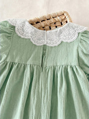 Vestido Bebê Menina Gola Peter Pan com Aplique de Patinhos