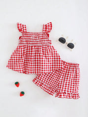 Conjunto 2 Peças Bebê Menina Top Alças com Bordado de Morango e Shorts Xadrez