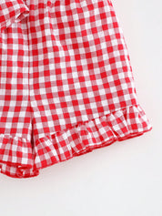 Conjunto 2 Peças Bebê Menina Top Alças com Bordado de Morango e Shorts Xadrez